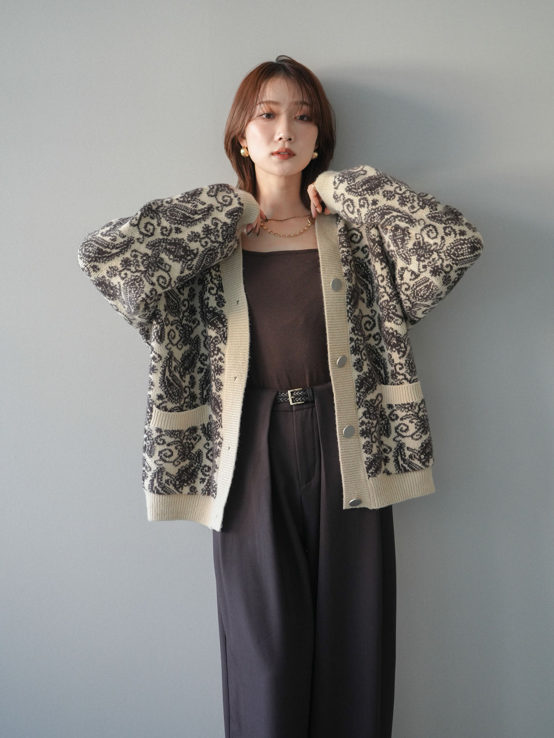 [予約]ペイズリー柄ニットカーディガン/brown