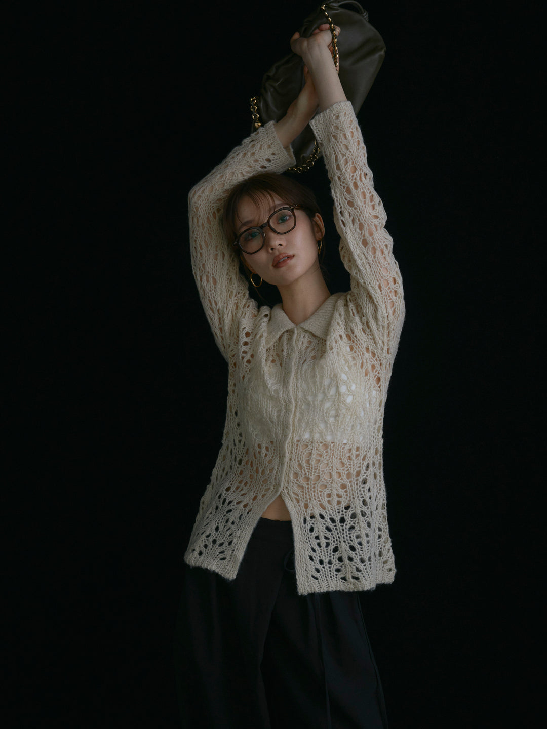 [予約]ローゲージ透かし編みポロニッカーディガン/アイボリー