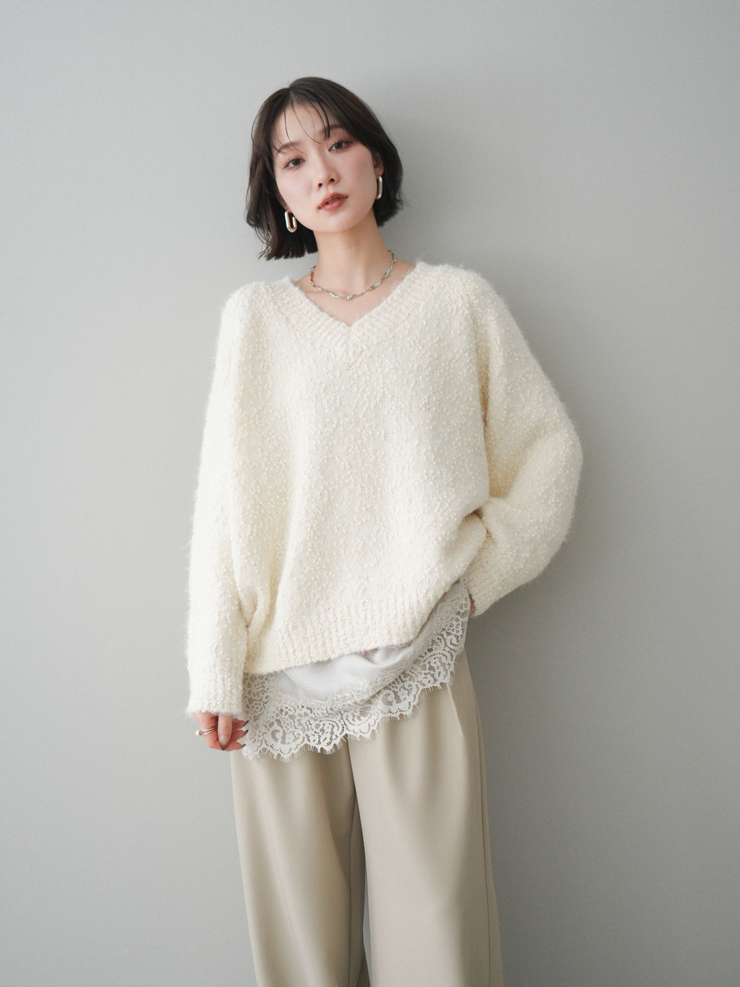 [SET]Vネックスラブニットプルオーバー+選べるアクセセット(2set)