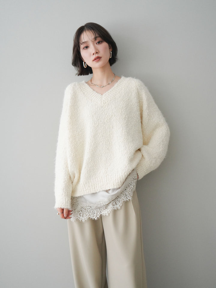 [SET]Vネックスラブニットプルオーバー+選べるアクセセット(2set)