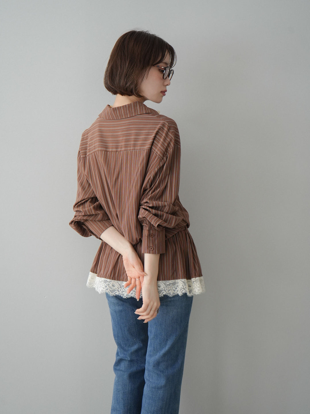 [SET]レース付ストライプウエストギャザーシャツ+フリンジデザインセミフレアデニム(2set)