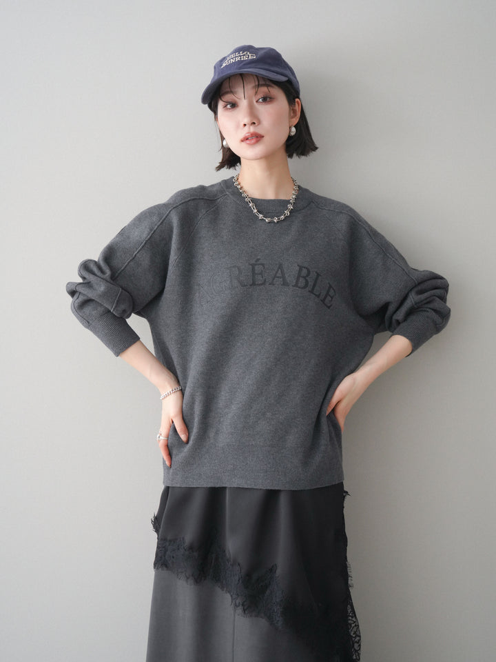 [予約]半ラバープリントロゴスウェットライクニットプルオーバー/mokucharcoal