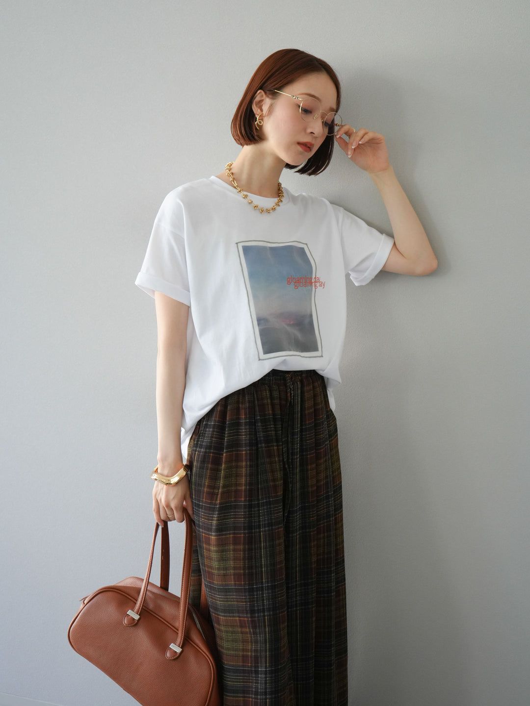 [SET] 薄紗層疊印花T卹 + 透視格紋寬鬆褲 (2件套)