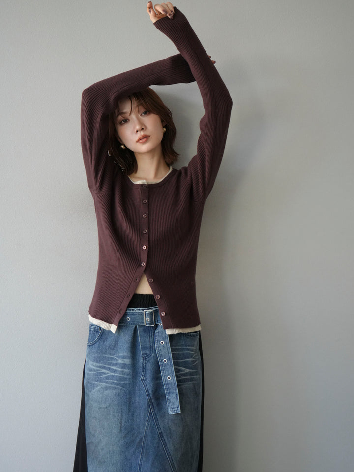 [予約]レイヤード配色ニットカーディガン/ブラウン