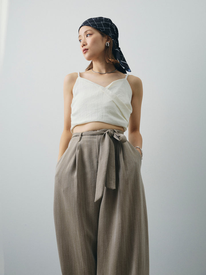 [SET]リネンライクカシュクールデザインビスチェ+リネンライクウエストリボンワイドパンツ(2set)