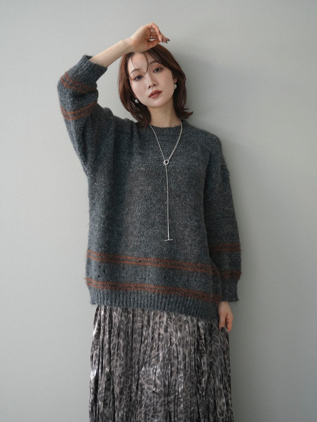 [予約]クルーネックラインボーダーニットプルオーバー/gray