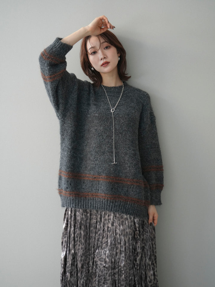 [予約]クルーネックラインボーダーニットプルオーバー/gray