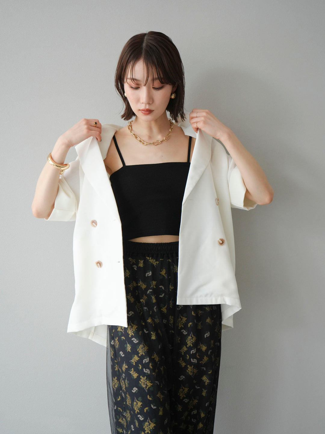 [SET]リネンライクハーフテーラードジャケット+コード刺繍チュールレイヤードパンツ(2set)