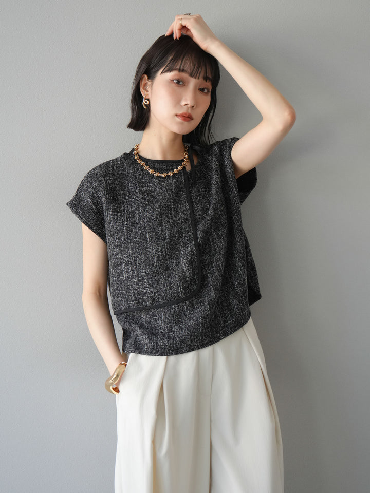 [SET]サマーツイードケープデザインプルオーバー+クレープシフォンタックワイドパンツ(2set)