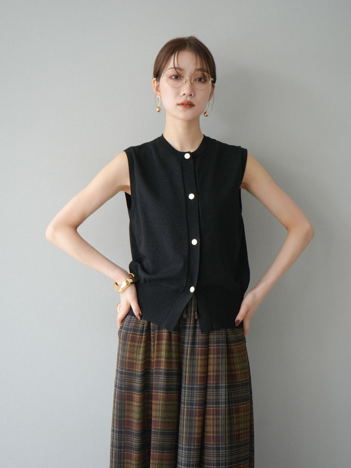 [SET] 金銀絲針織背心 + 透視格紋寬鬆褲 (2 件套)