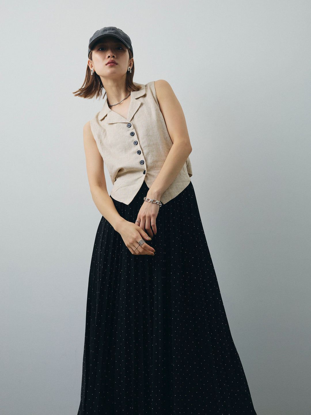 [SET]リネンライクテーラードジレ+ラインストーンプリーツスカート(2set)