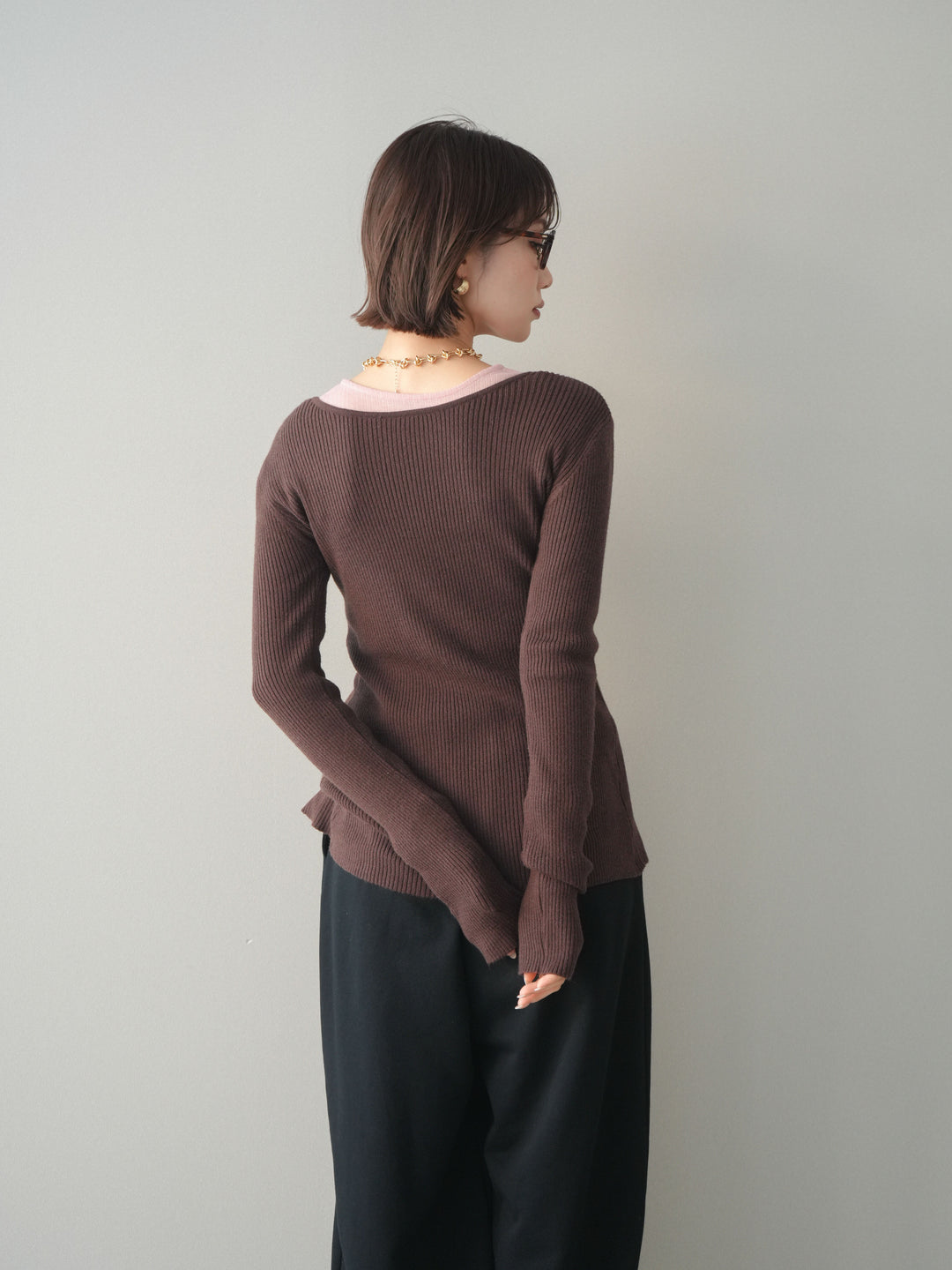 [予約]前後2WAYリブ編みクルーネックカーディガン/darkbrown