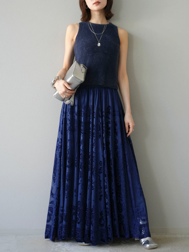 [予約]アンティーク柄フロッキーマキシスカート/ブルー