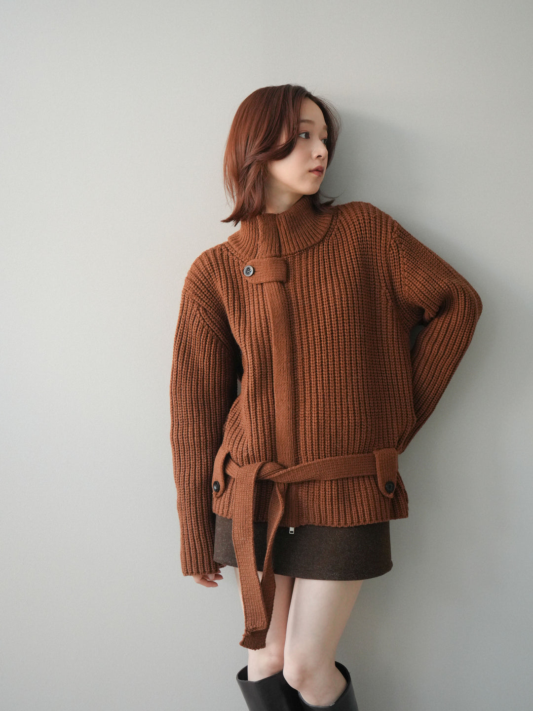 [SET]畦編みボトルネックZIPニットカーディガン+ウールタッチベルト付ミニスカート(2set)