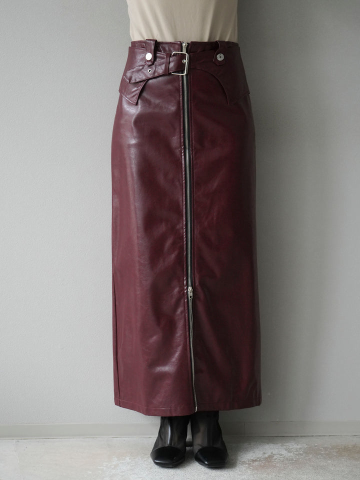 [予約]ベルトデザインレザータッチZIPタイトスカート/レッド