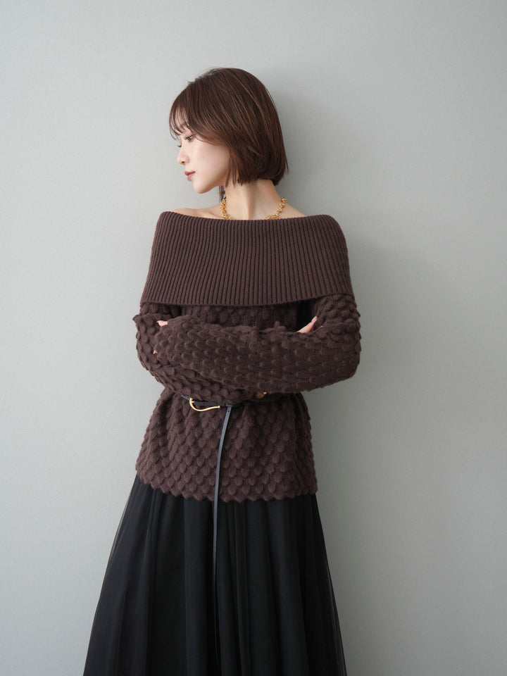 [予約]ポコポコ編みオフショルニットプルオーバー/brown