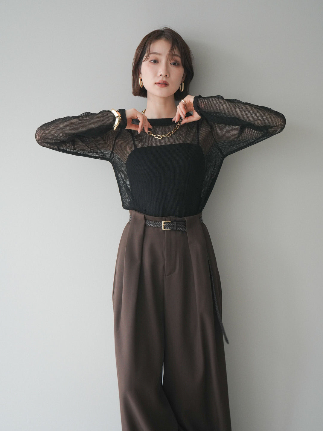 [SET]シアーストライプメッシュトップス+ドレープタックベルトループパンツ(2set)