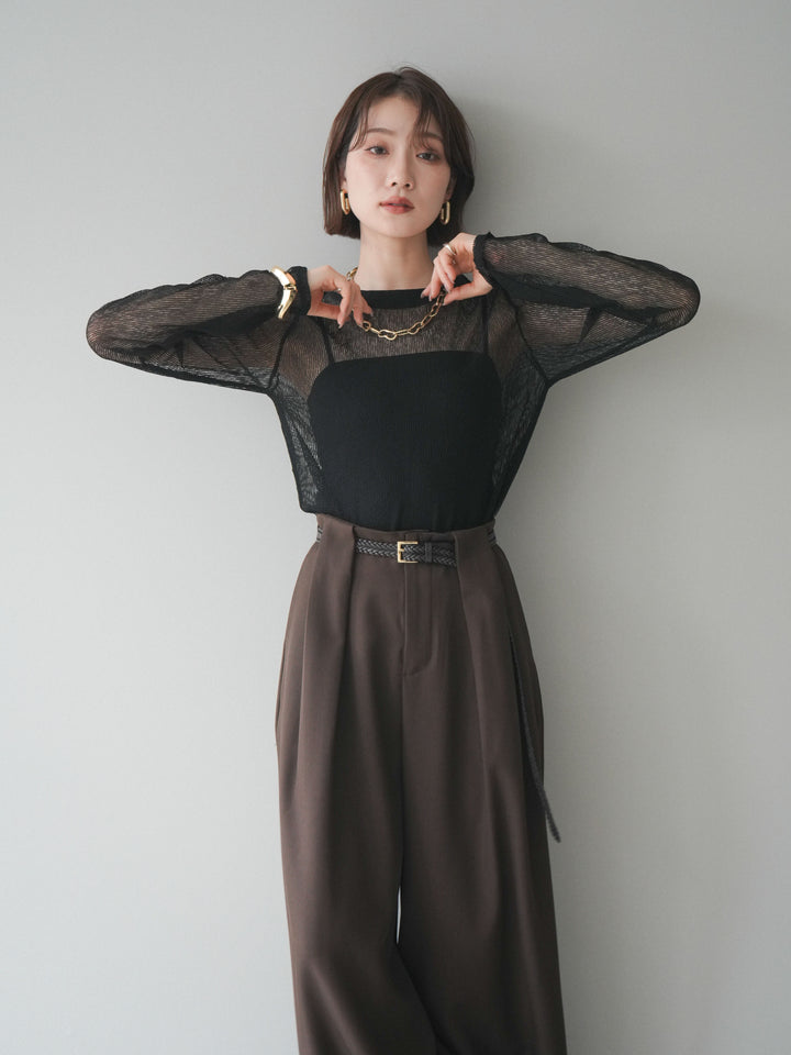 [SET]シアーストライプメッシュトップス+ドレープタックベルトループパンツ(2set)