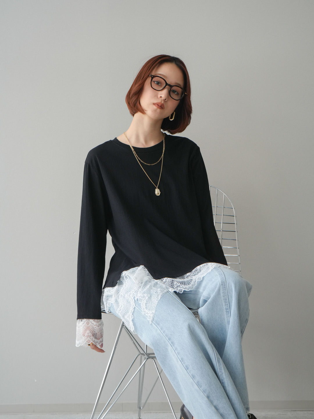 [予約]裾レースコンビカットソー/black