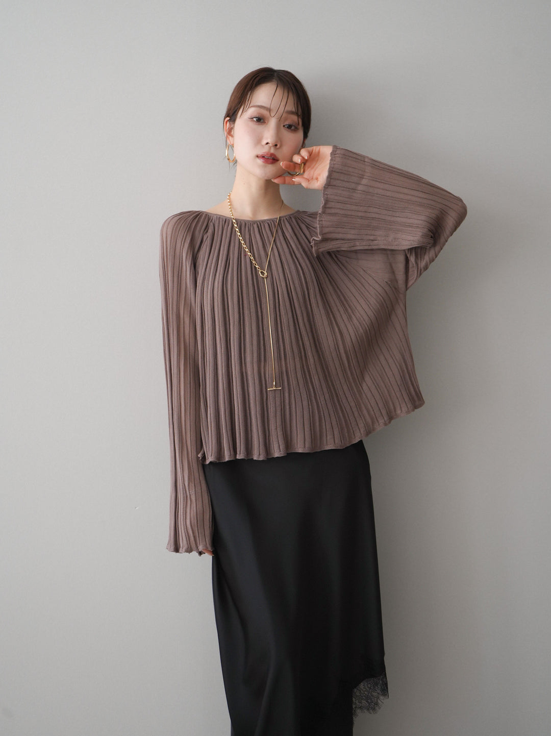 [SET]プリーツシアーフレアスリーブニットトップス+選べるアクセセット(2set)