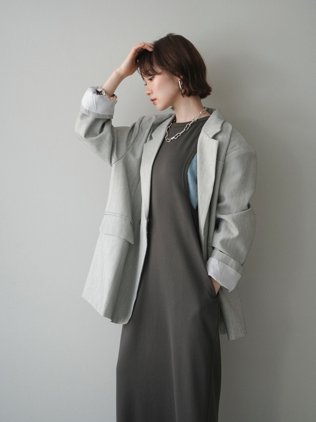 [予約]バイカラーレイヤードノースリーブワンピース/gray