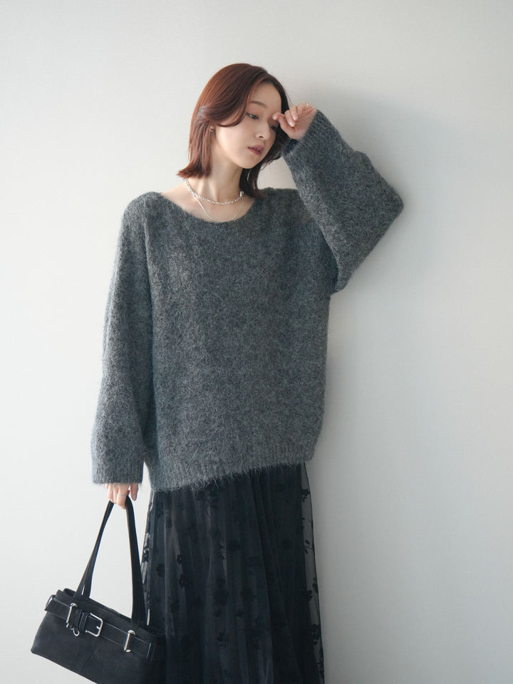 [SET]透かしデザインニットプルオーバー+フラワーフロッキーチュールプリーツスカート(2set)