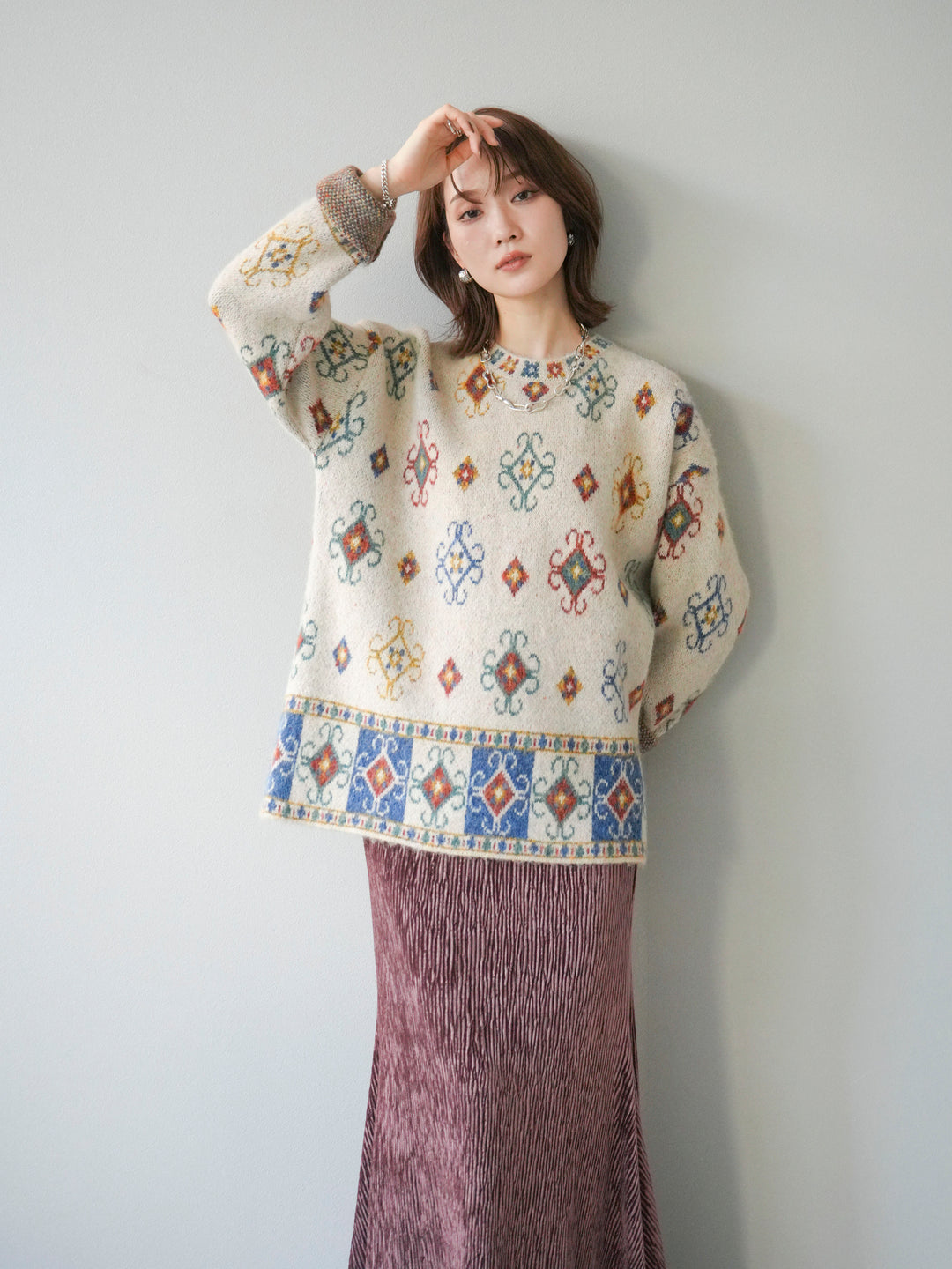 [予約]ヴィンテージ柄オーバーニットプルオーバー/アイボリー