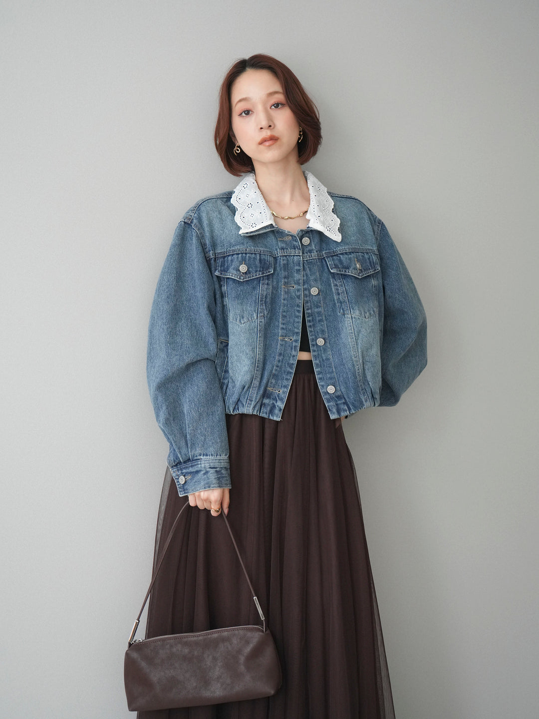 [SET]襟レースデニムショートジャケット+選べるアクセセット(2set)