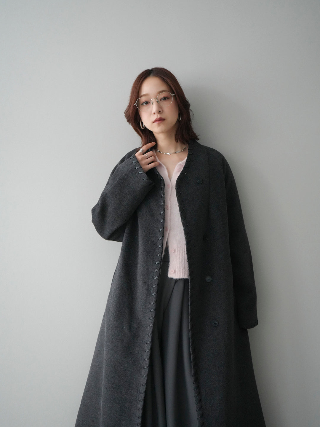 [SET]ハンドステッチ裏中綿ロングコート+モヘア衿付きボタンプルオーバー(2set)