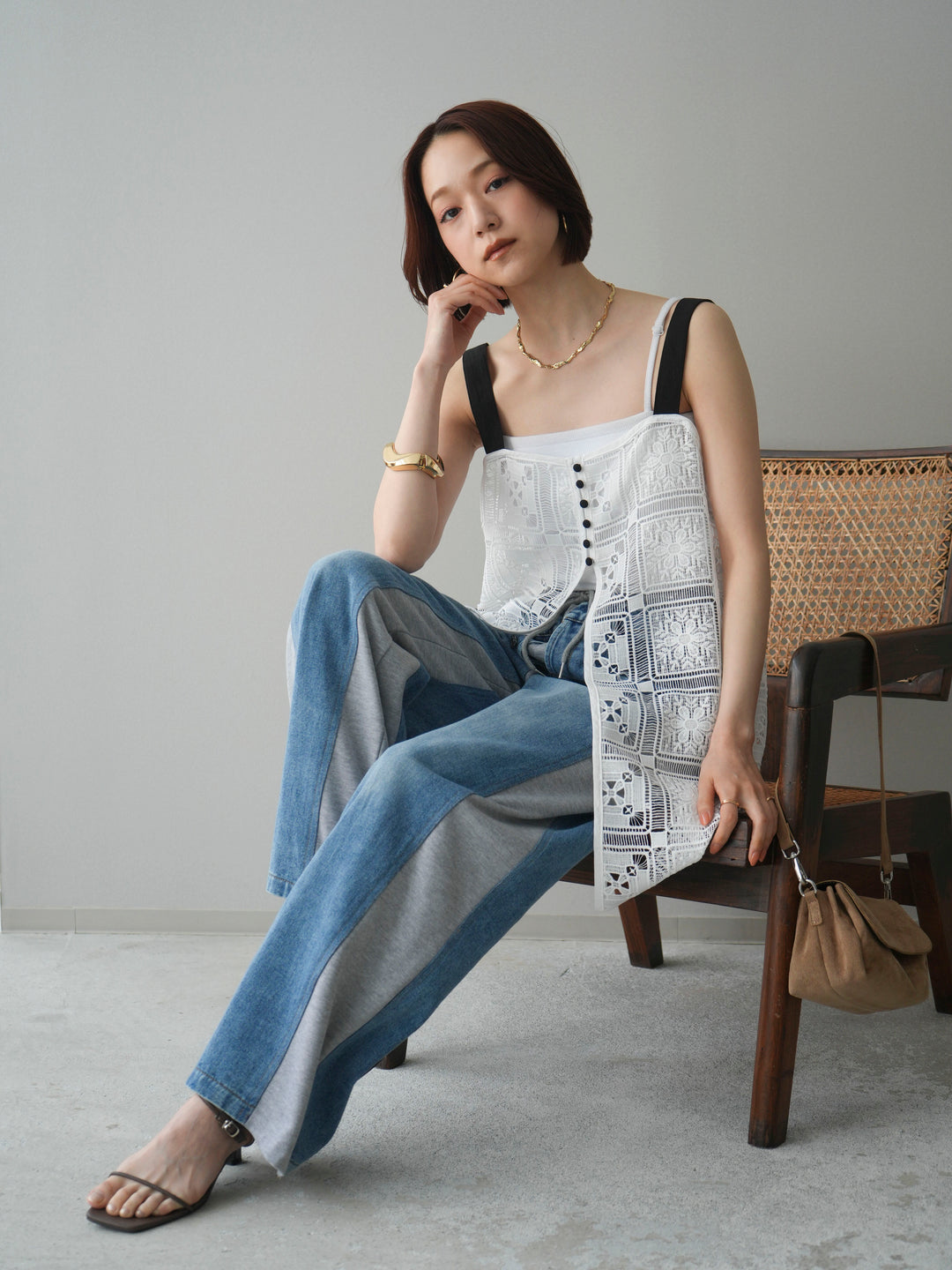 [SET]配色パネルレースキャミソール+デニム切替スウェットパンツ(2set)