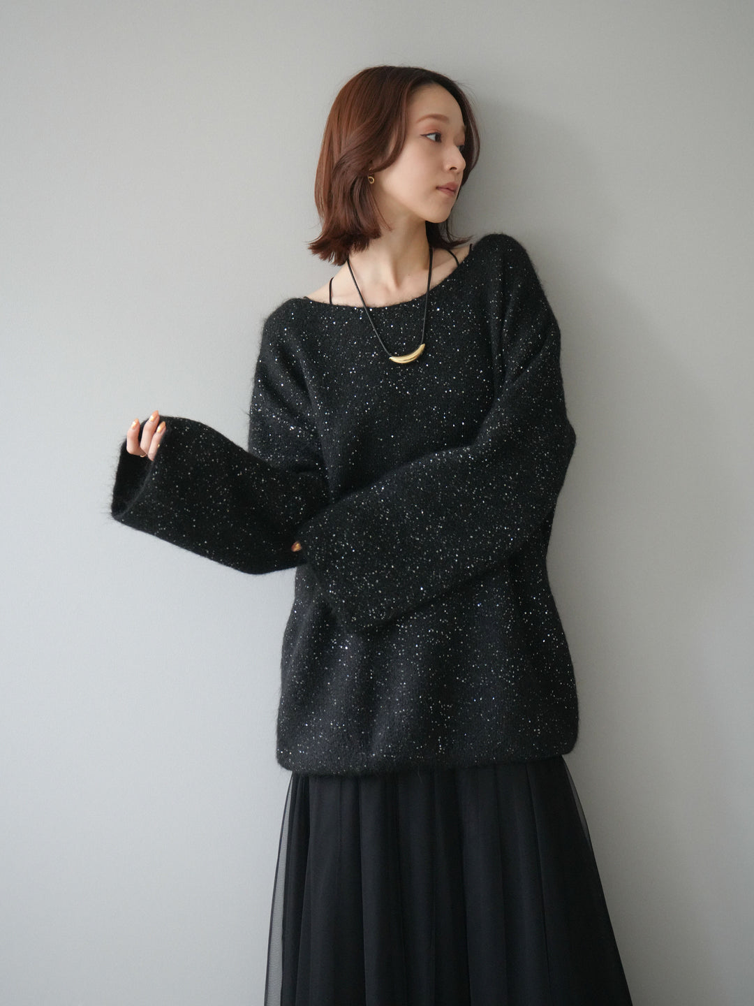 [予約]スパンコールミニシャギーニットチュニック/black