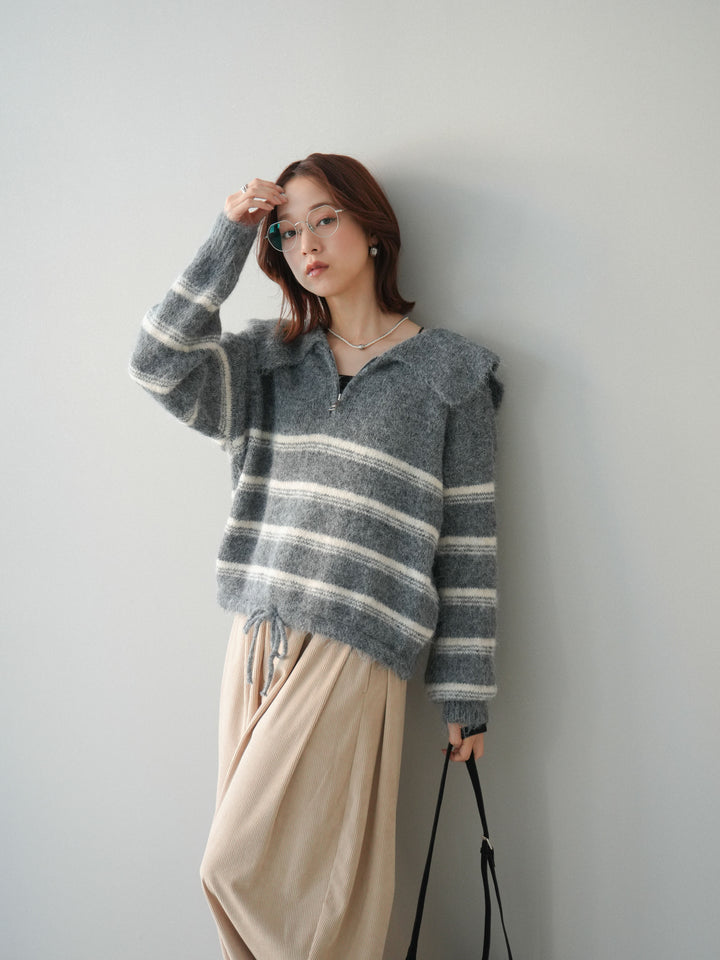 [予約]ハーフジップボーダーニットプルオーバー/gray