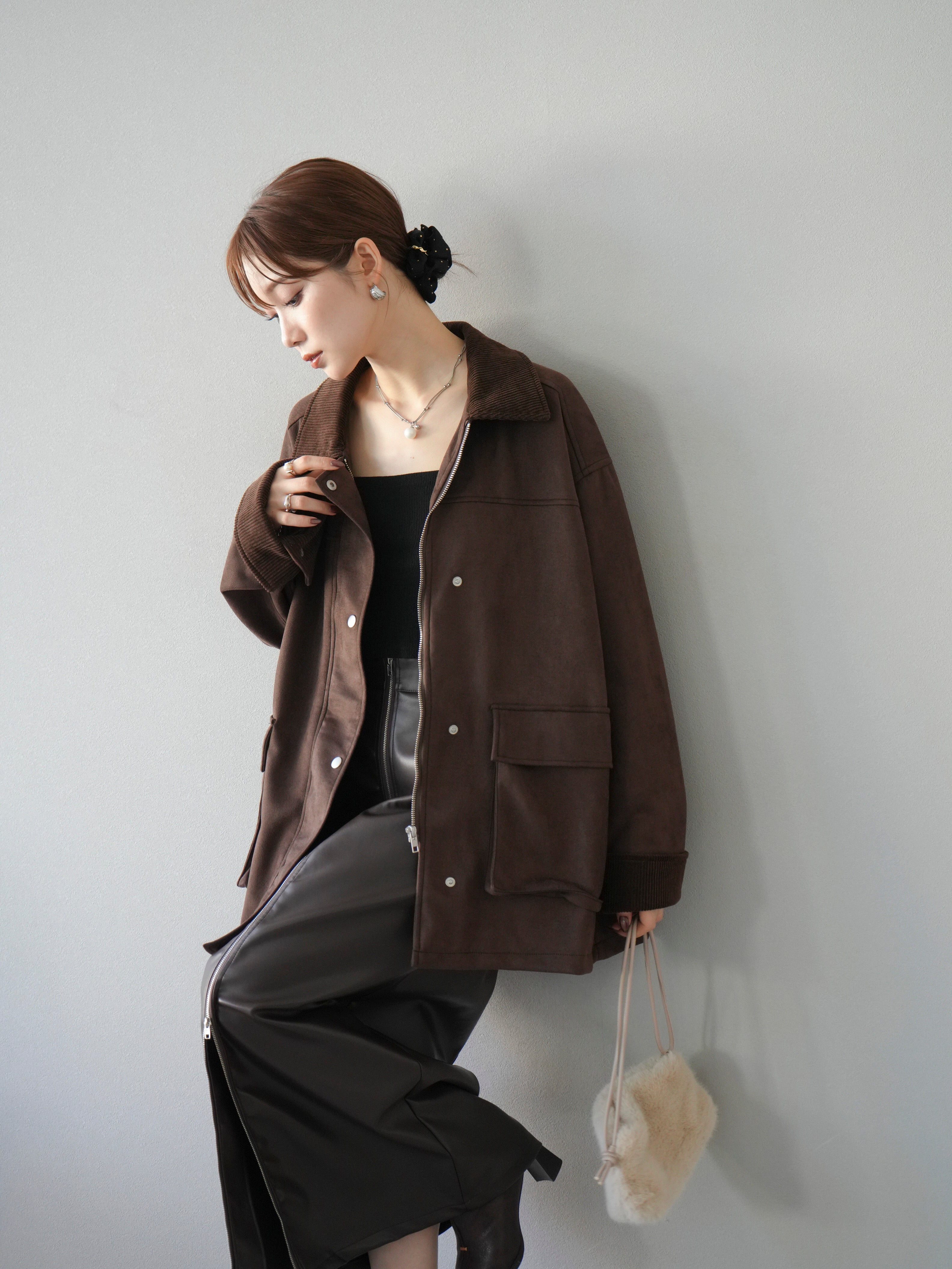 予約]コーデュロイ襟スウェードミドルジャケット /ブラウン – Lumier