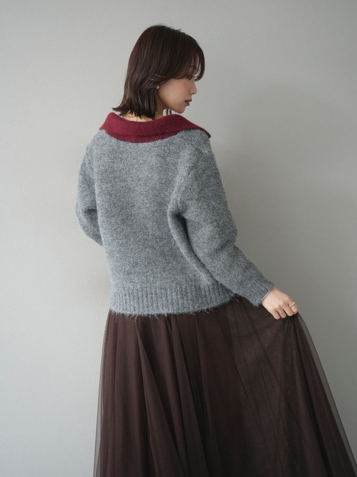 [予約]バイカラー襟付きニットプルオーバー/gray