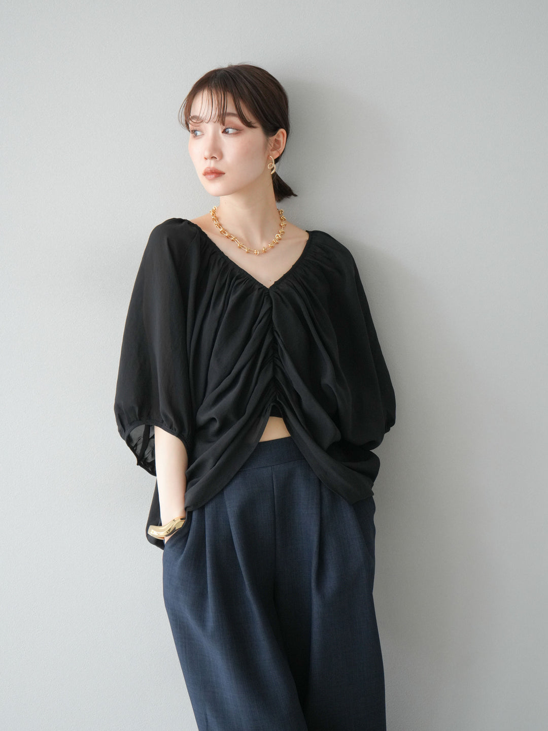 [SET]ボリュームスリーブシアータックブラウス+リネンライクイージーワイドパンツ(2set)