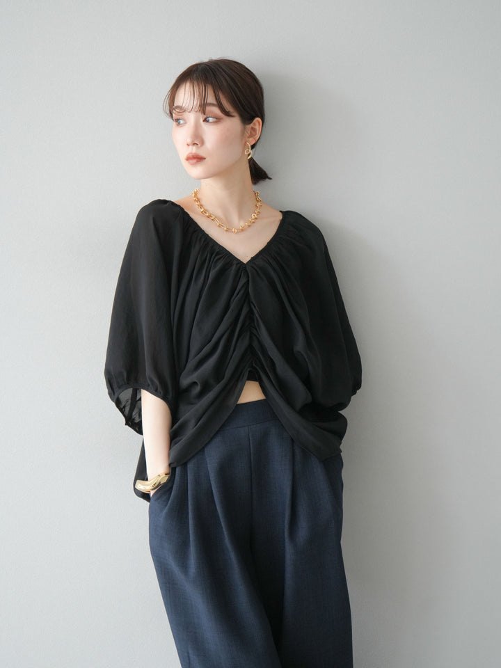 [SET]ボリュームスリーブシアータックブラウス+リネンライクイージーワイドパンツ(2set)