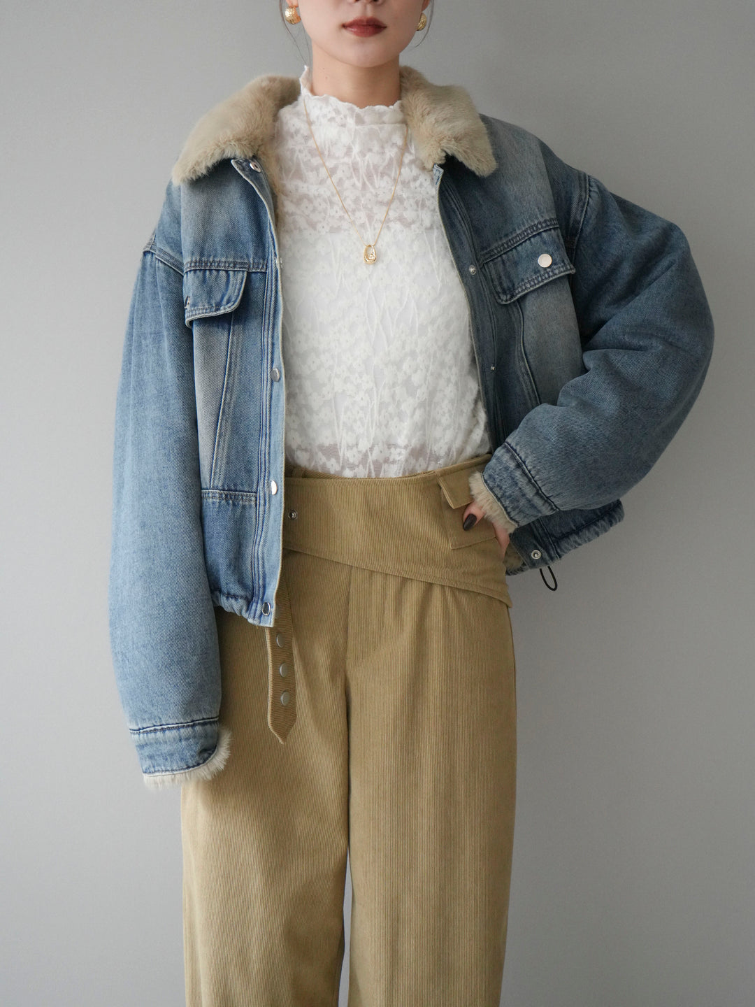 [予約]デニム×ファーステンカラーショートジャケット/lightblue