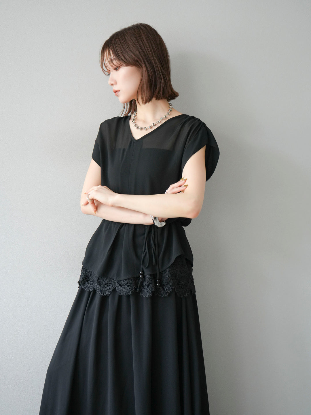 [SET]シフォンブラウス＆レースデザインフレアスカートSET UP(2set)