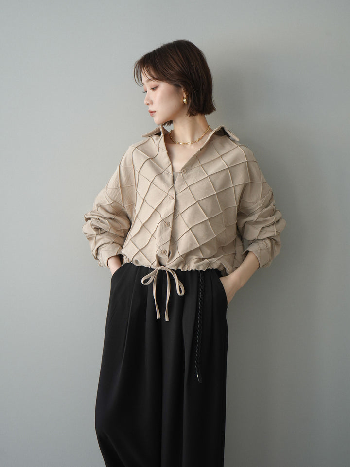 [SET]パイピングクロスデザインブラウス+編み込みベルト付タックワイドパンツ(2set)