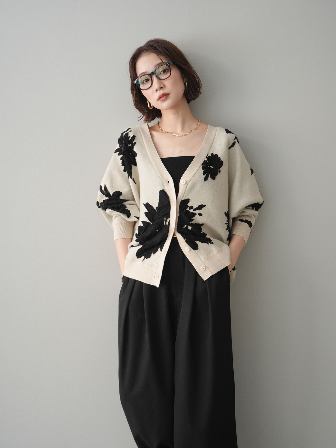 [SET]フラワージャガードニットカーディガン+フラワージャガードニットカーディガン(2set)