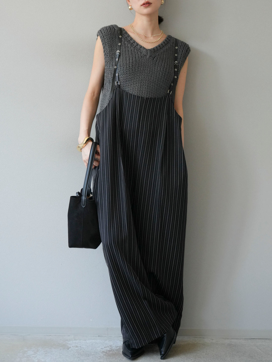 [予約]ヘリンボーンストライプサロペット/ブラック