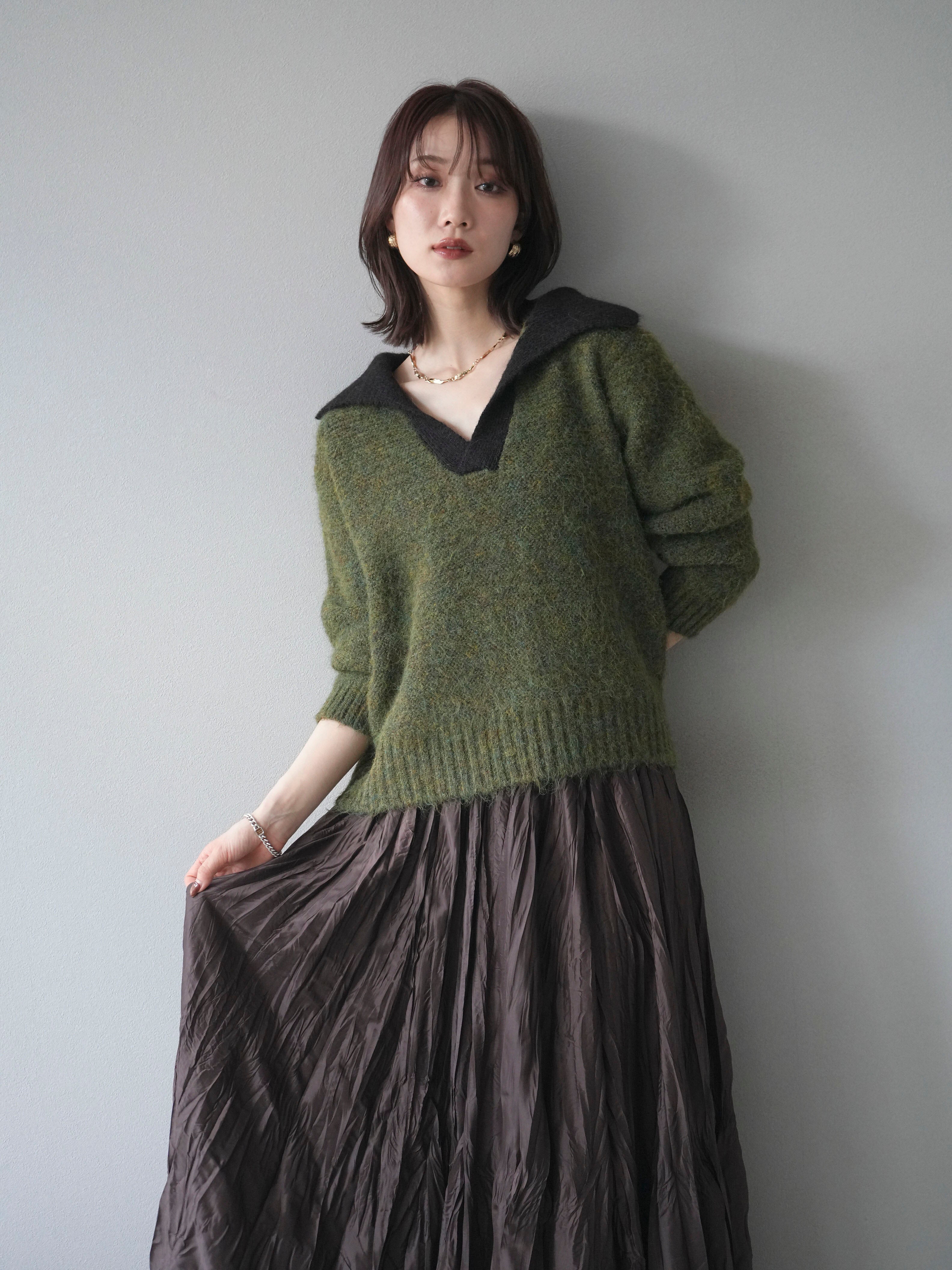 予約]バイカラー襟付きニットプルオーバー/green – Lumier
