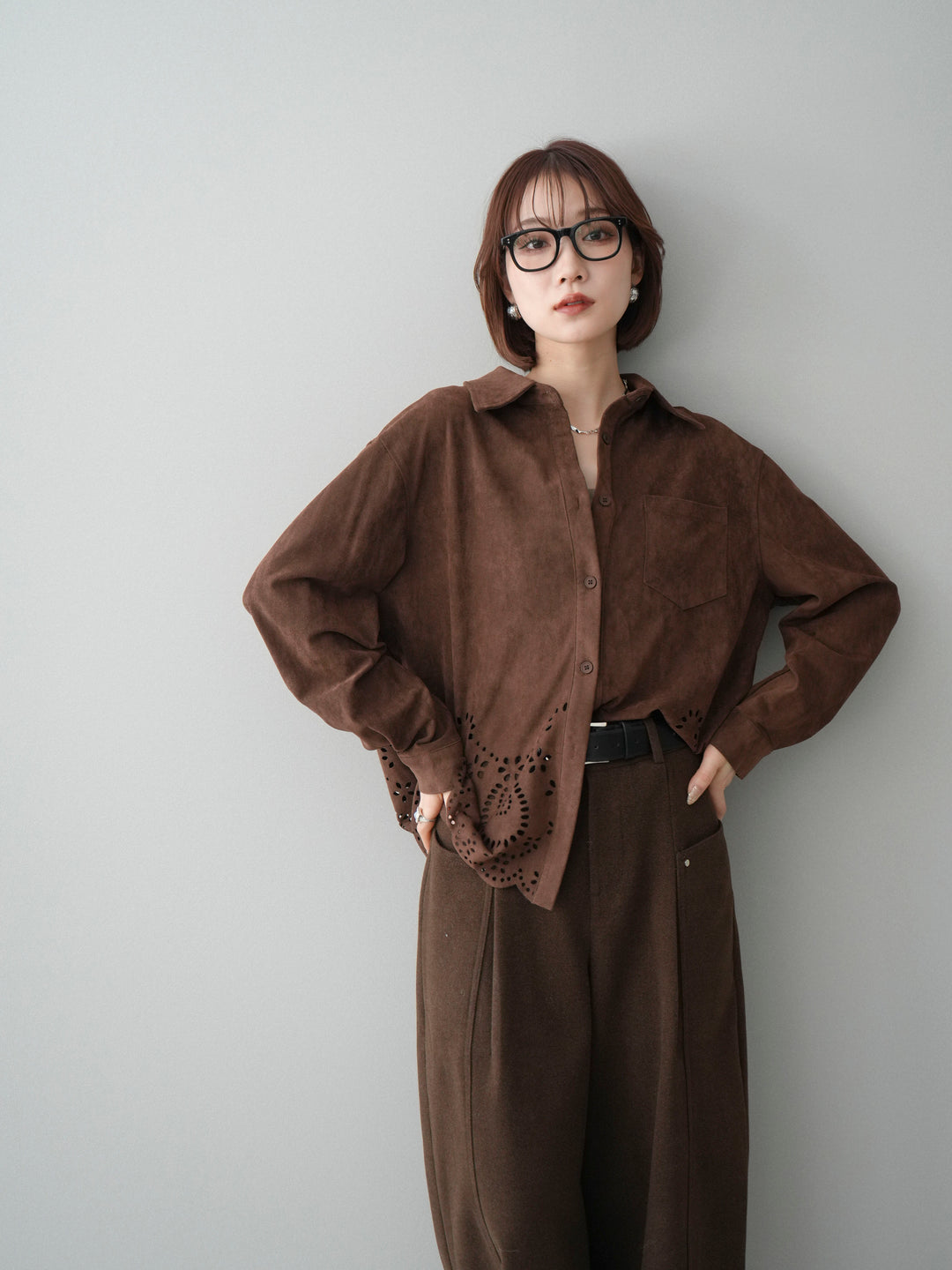 [SET]裾スカラップスエードシャツ+ベルト付起毛コクーンパンツ(2set)