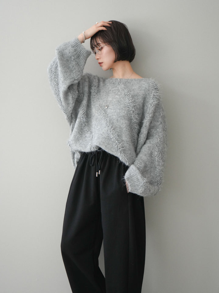 [SET]シャギーデザインニットプルオーバー+裾ZIPスエットワイドパンツ(2set)