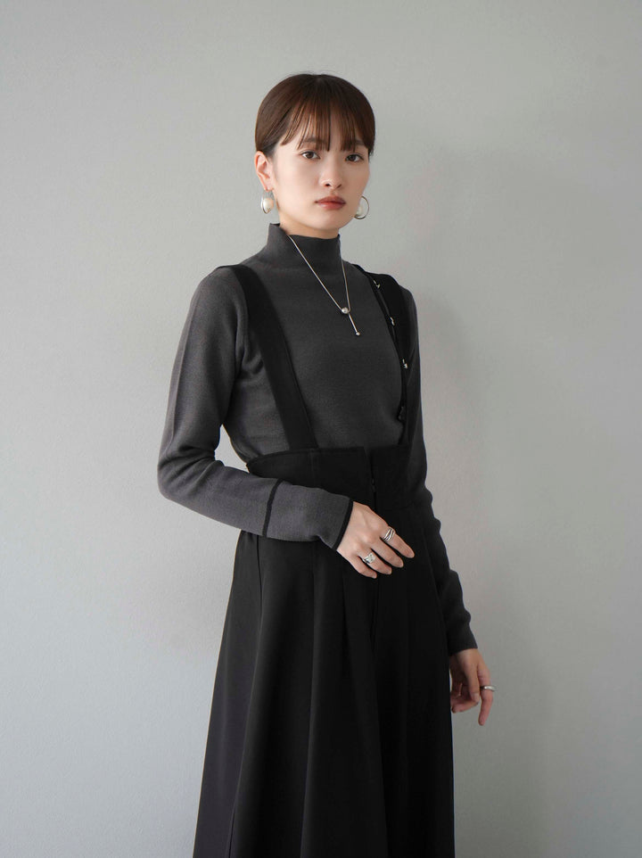 [預訂] 瓶頸配色設計紐扣針織上衣/炭灰
