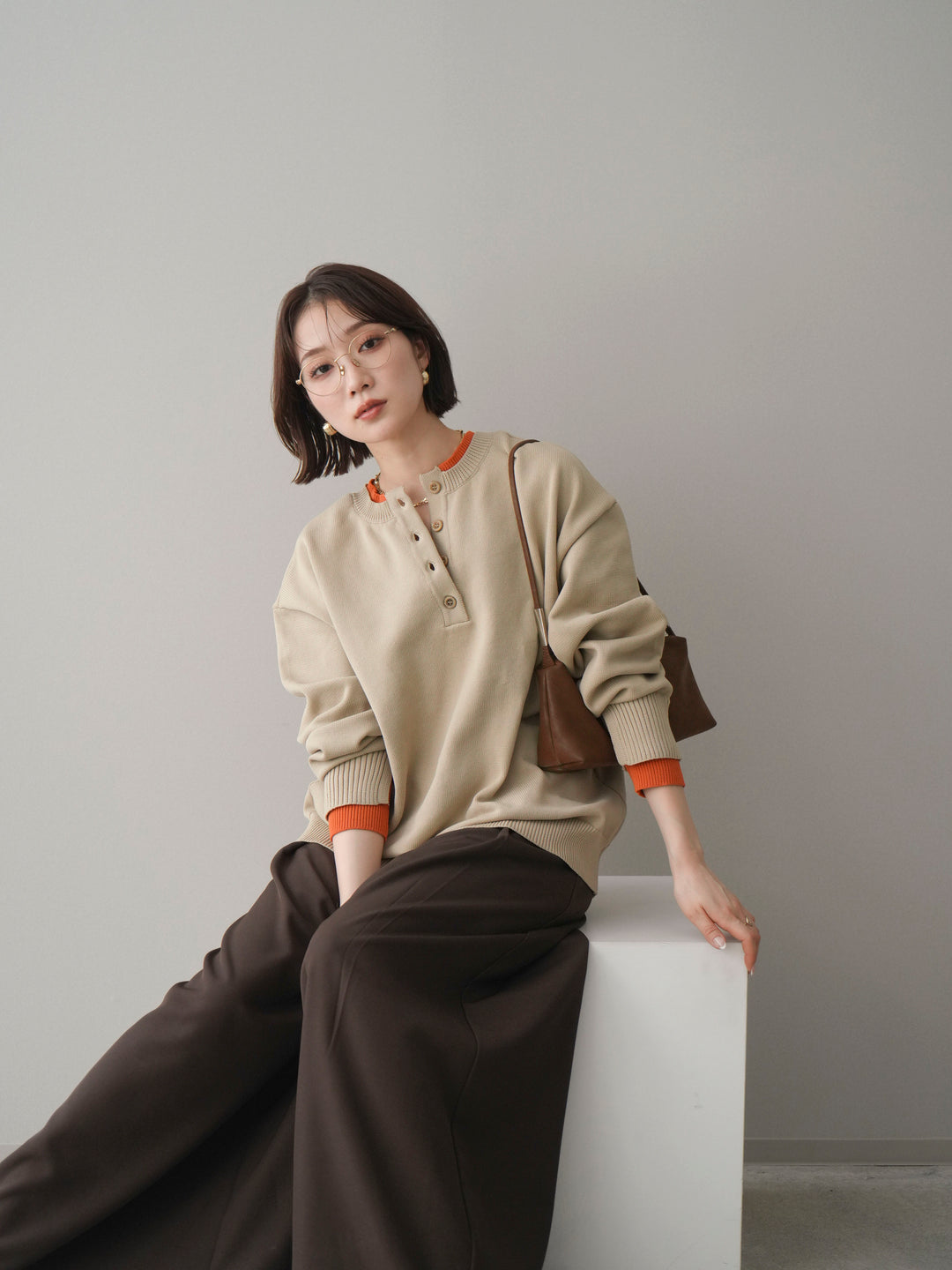 [予約]2WAYネック配色レイヤードニットプルオーバー/beige