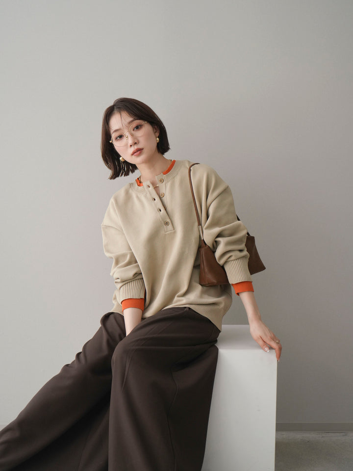 [予約]2WAYネック配色レイヤードニットプルオーバー/beige
