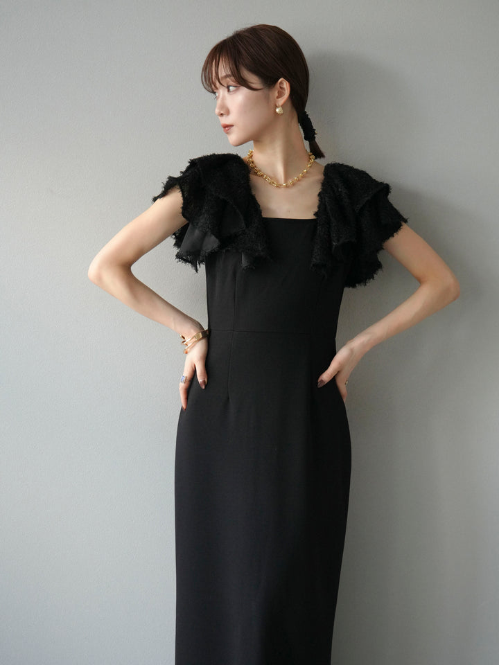 [予約]ジャガードフレアスリーブドレス/ブラック