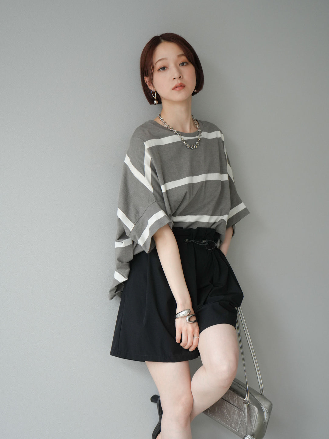 [予約]ボーダードルマンBIG Tシャツ/セピアグレー×オフ