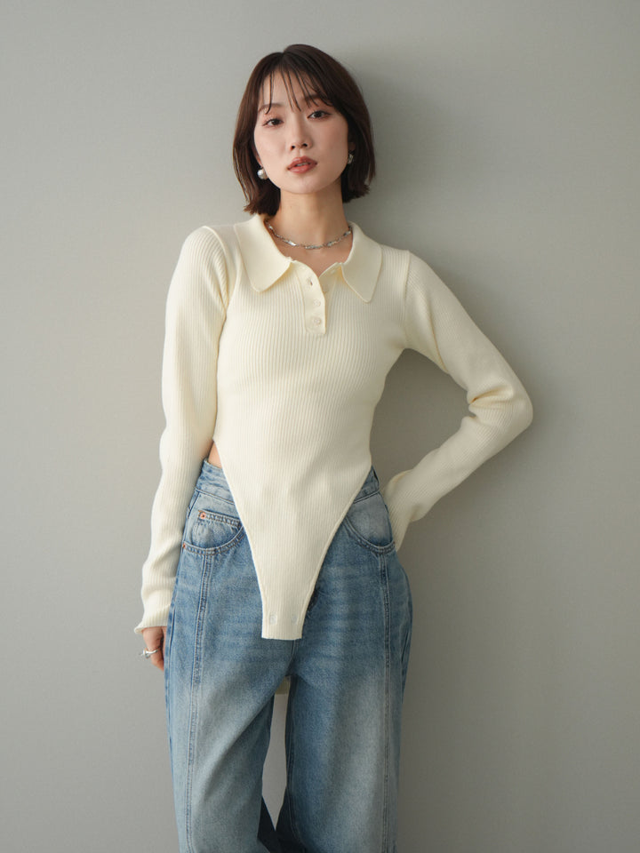 [予約]リブポロニットボディスーツ/ivory